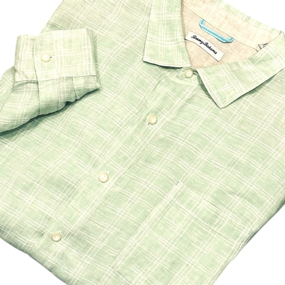 Tommy Bahama Shirt Men's XXL Light Green Ventana Plaid 100% Linen Long Sleeve
